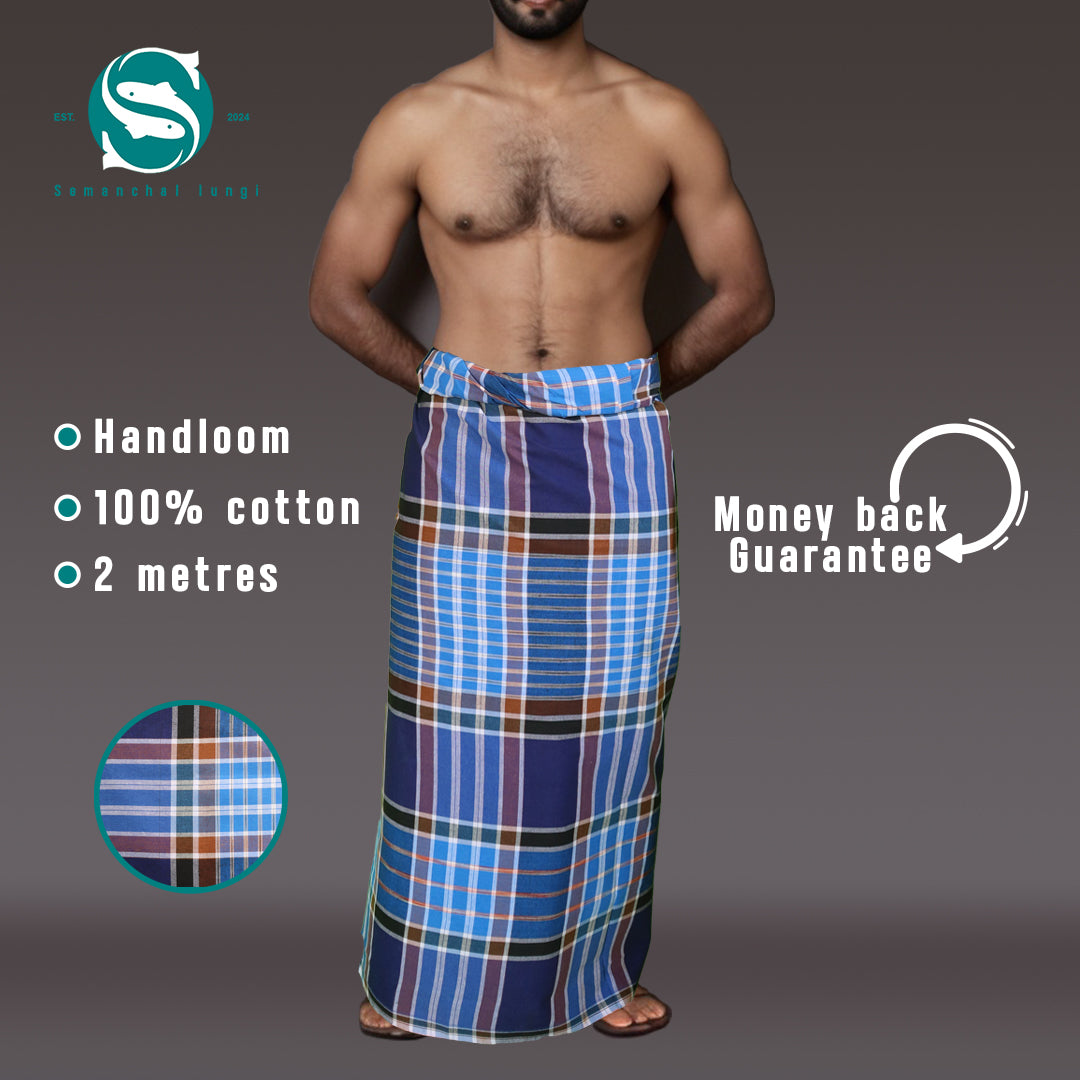 Versatile brown/dark blue long checkered Lungi