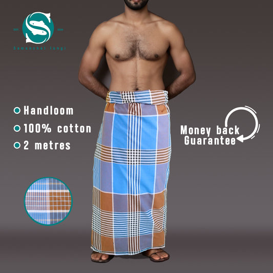 Blue-striped orange checkered lungi