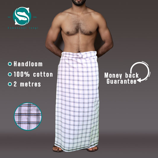 Blue/black lined checkered white Lungi