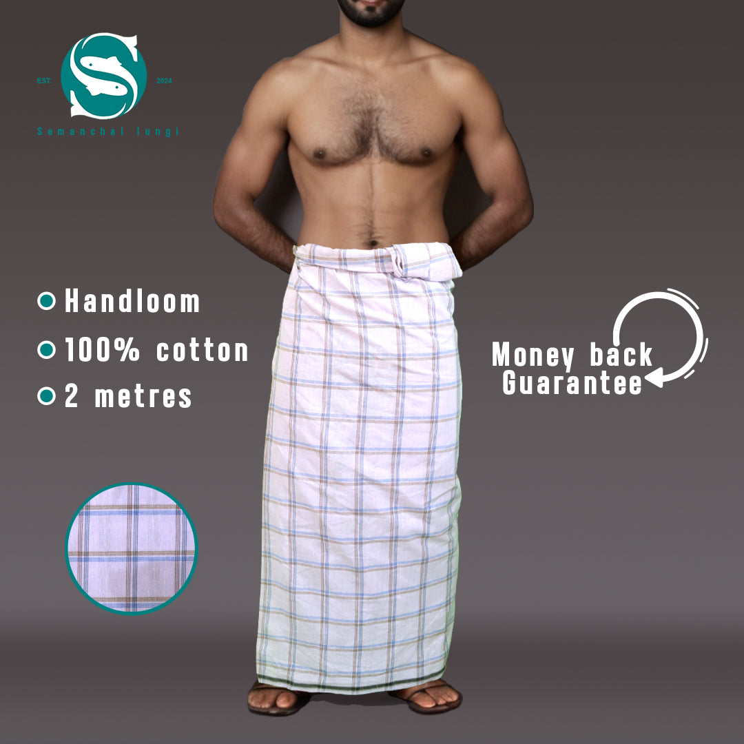 Three-lined blue/black checkered white Lungi